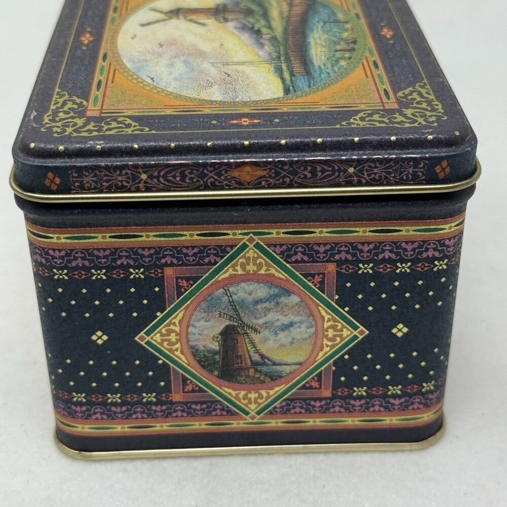 Vintage Square Tin Box Dutch Windmill Blue Gold Accents Lid Cottagecore Storage - Picture 4 of 9
